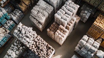 Poster - Overhead view of a warehouse filled with bags of products stored on racks in a clean environment
