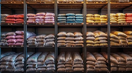 Poster - Rows of metal shelves in a warehouse stacked with uniform bags of ingredients, creating a symmetrical layout