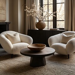 Wall Mural -  Minimalist, scandinavian interior design of modern living room. Two boucle armchairs near round black coffee table. 
