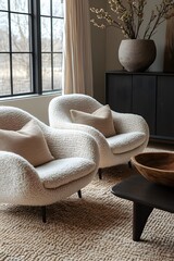 Wall Mural -  Minimalist, scandinavian interior design of modern living room. Two boucle armchairs near round black coffee table. 