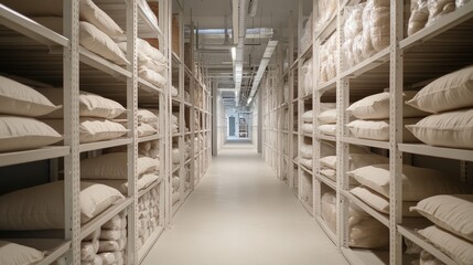 Poster - Storage facility with tall racks filled with uniformly stacked bags, creating a sense of order.