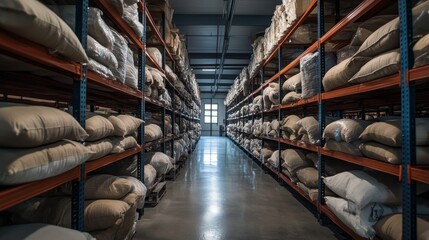 Poster - Storage facility with tall racks filled with uniformly stacked bags, creating a sense of order.