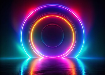 Poster - Captivating 3D Illustration of a Neon Circle with Torus Effect in Silhouette Photography Style, Showcasing Vivid Colors and Dynamic Light Reflections for Stunning Visuals