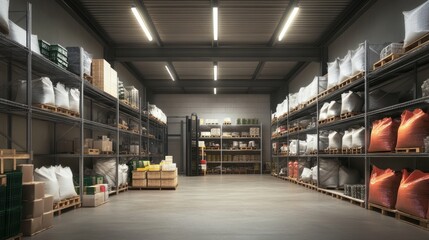 Poster - Warehouse interior showing organized shelving units stocked with bags of goods under overhead lighting