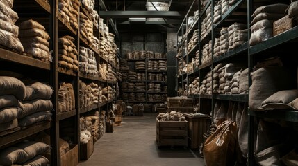 Poster - Warehouse interior with tall shelving units filled with bags of packaged goods and raw materials