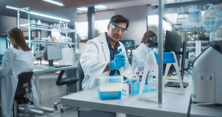 Aufkleber - Medical Research Laboratory: Portrait of a Handsome Indian Scientist Using Micropipette for Test Analysis. Advanced Scientific Lab for Medicine, Biotechnology, Microbiology Development