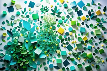 Poster - Captivating Abstract Background with Teal and Green Organic Shapes on White, Enhanced by Scattered Colorful Squares for a Dynamic Visual Impact