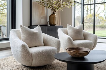 Wall Mural -  Minimalist, scandinavian interior design of modern living room. Two boucle armchairs near round black coffee table. 