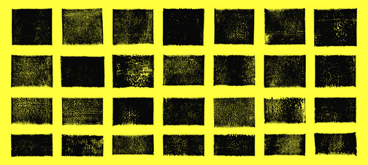 Poster - Linocut vector relief printing small rectangle shapes, wide stripes rough textures set. Paint roller stains, lino ink grunge geometric text box templates. Artistic linocutting textured backgrounds