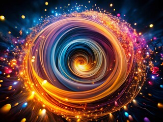 Poster - Captivating Abstract Light Spiral on Black Background: A Night Photography Experience of Colorful Twists and Swirls for Artistic Exploration and Visual Inspiration