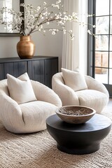 Wall Mural -  Minimalist, scandinavian interior design of modern living room. Two boucle armchairs near round black coffee table. 