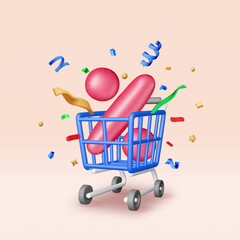 Poster - 3D shopping cart with percentage symbol and confetti isolated. Render realistic shopping cart and colorful confetti around. Sale, discount or clearance. Online or retail shopping. Vector illustration