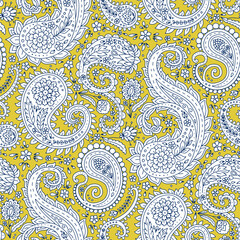 black and white seamless pattern with paisley motifs on yellow background. traditional indian repeat