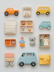 Aufkleber - Flat lay arrangement of assorted children's toys featuring cars, dolls, and blocks on a clean white backdrop, designed for text placement. Generative AI