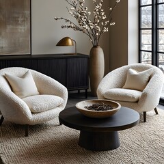 Wall Mural -  Minimalist, scandinavian interior design of modern living room. Two boucle armchairs near round black coffee table. 