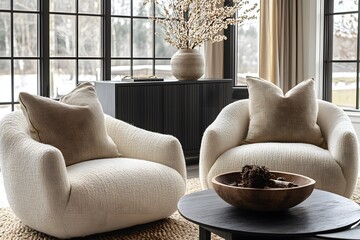 Wall Mural -  Minimalist, scandinavian interior design of modern living room. Two boucle armchairs near round black coffee table. 