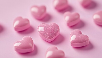 Aufkleber - Pink heart-shaped candies on a pink background with pastel hearts create an elegant and romantic Valentine's Day wallpaper.