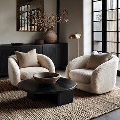 Wall Mural -  Minimalist, scandinavian interior design of modern living room. Two boucle armchairs near round black coffee table. 