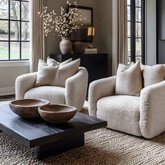 Wall Mural -  Minimalist, scandinavian interior design of modern living room. Two boucle armchairs near round black coffee table. 