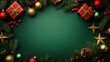 © kachanovski - Top view of gift boxes with green and red baubles, gold star ornaments, and fir branches on a green background with space in the center