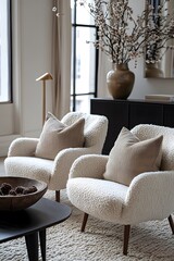 Wall Mural -  Minimalist, scandinavian interior design of modern living room. Two boucle armchairs near round black coffee table. 