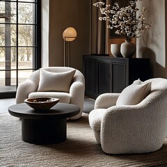 Wall Mural -  Minimalist, scandinavian interior design of modern living room. Two boucle armchairs near round black coffee table. 