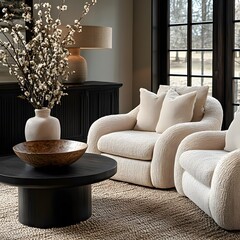 Wall Mural -  Minimalist, scandinavian interior design of modern living room. Two boucle armchairs near round black coffee table. 