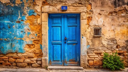 Poster - Captivating Blue Door Framed by Weathered Wall: A Stunning Documentary Photography Piece Showcasing Architectural Beauty and Vibrant Color Contrast