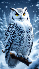 Wall Mural - Majestic snowy owl perched on a frosty branch surrounded by a winter wonderland filled with snow-covered trees and soft snowflakes falling in a serene, tranquil landscape