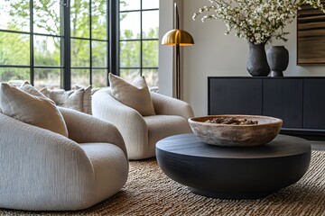 Wall Mural -  Minimalist, scandinavian interior design of modern living room. Two boucle armchairs near round black coffee table. 