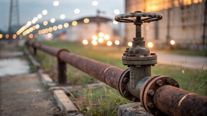 Poster - Captivating Bokeh Effect on an Old Metal Pipe with Valve: A Stunning Visual of Industrial Beauty and Texture in Soft Focus for Your Unique Stock Photo Collection