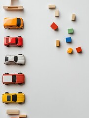 Aufkleber - brightly colored children's toys such as toy cars and building blocks laid out on a clean white surf