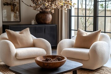 Wall Mural -  Minimalist, scandinavian interior design of modern living room. Two boucle armchairs near round black coffee table. 