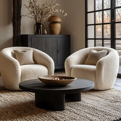 Wall Mural -  Minimalist, scandinavian interior design of modern living room. Two boucle armchairs near round black coffee table. 