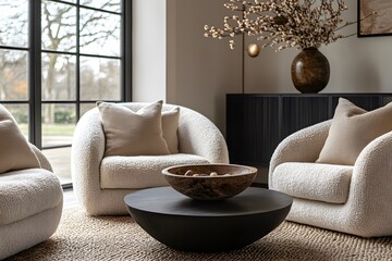 Wall Mural -  Minimalist, scandinavian interior design of modern living room. Two boucle armchairs near round black coffee table. 