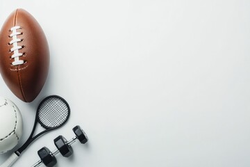 Poster - Sports equipment including a football, tennis racket, and dumbbell is arranged neatly, providing ample blank space for additional details or text. Generative AI