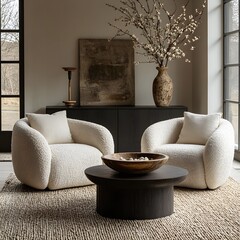 Wall Mural -  Minimalist, scandinavian interior design of modern living room. Two boucle armchairs near round black coffee table. 