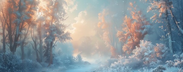 Poster - A beautiful winter forest with trees covered in snow, the sky is blue and white with soft sunlight shining through