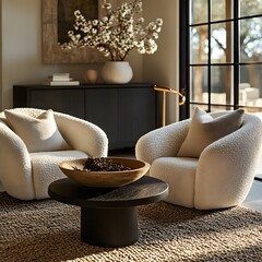 Wall Mural -  Minimalist, scandinavian interior design of modern living room. Two boucle armchairs near round black coffee table. 