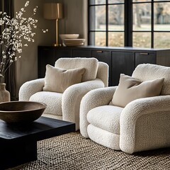 Wall Mural -  Minimalist, scandinavian interior design of modern living room. Two boucle armchairs near round black coffee table. 