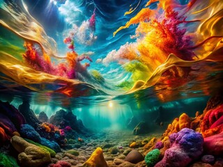 Poster - Captivating Colorful Abstract Underwater Landscape Featuring Dynamic Flowing Shapes with Vibrant Hues and Fluid Motion, Perfect for Fashion Photography and Artistic Expressions