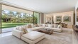 © FarhaStock - Modern Bright Living Room with Spacious Couch Overlooking Lush Garden and Palm Trees