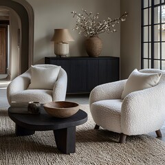 Wall Mural -  Minimalist, scandinavian interior design of modern living room. Two boucle armchairs near round black coffee table. 