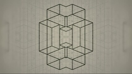 Fototapete - Minimalist digital seamless loop animation with a symmetrical composition of gray geometric shapes on a light gray scratched surface. Optical illusion effect in orthogonal projection. 3d rendering 4K