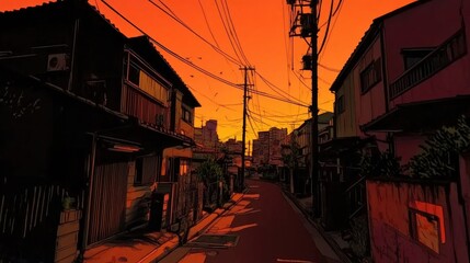 Canvas Print - An anime style city street in warm hues of a cozy sunset, lo-fi cartoonish style,