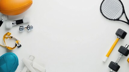 Aufkleber - Different types of sports equipment are arranged on a clean surface, featuring a football, tennis racket, and dumbbells, leaving space for text. Generative AI
