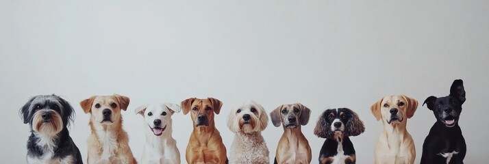 Poster - A diverse group of dogs sits together, including several breeds and sizes, displaying their joyful expressions in a well-lit area with ample space. Generative AI