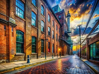 Poster - Captivating Double Exposure of a Sidewalk Overlaid with a Brick Industrial Facade, Merging Urban Life with Architectural Texture in a Unique Artistic Representation