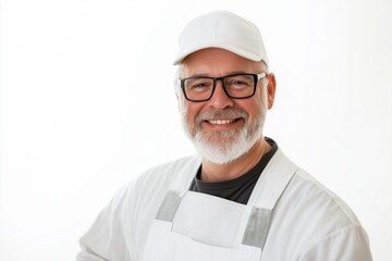 A man with a white hat and glasses is smiling. He is wearing a white apron and a black shirt