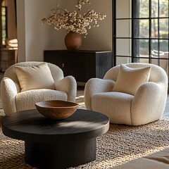 Wall Mural -  Minimalist, scandinavian interior design of modern living room. Two boucle armchairs near round black coffee table. 